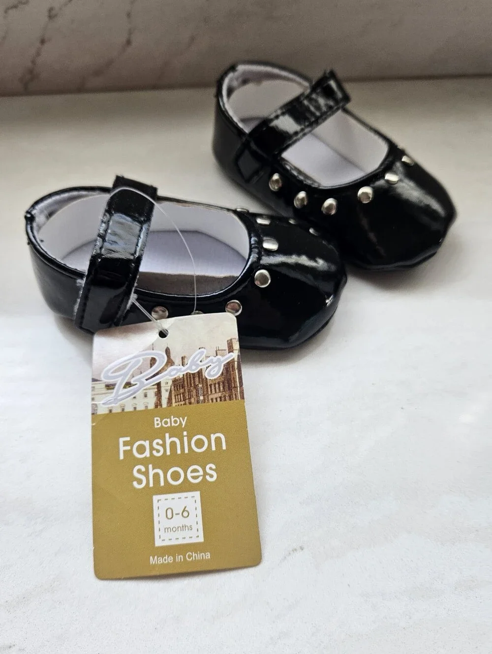 Black Patent Mary Jane Baby Shoes with Stud Detail Size 0-6M